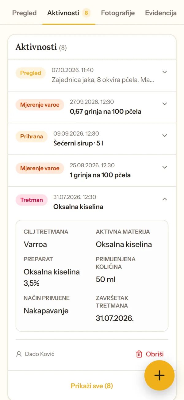Historija aktivnosti košnice sa detaljima tretmana
