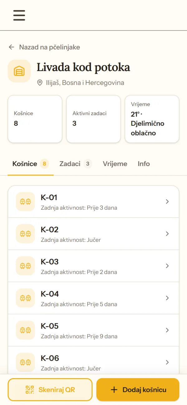 Pčelinjak u aplikaciji APINIS sa popisom košnica i zadnjom aktivnošću